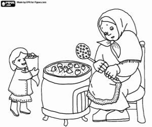 desenho de Vendedora de castanhas assando castanhas e uma menina comprou castanhas em um cone de papel para colorir