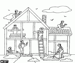 desenho de Vis�o geral de uma casa em constru��o com diferentes operadores que trabalham para colorir