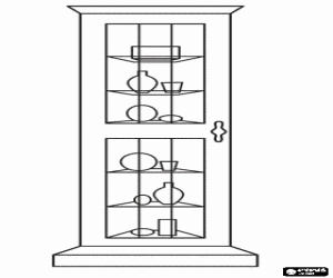 desenho de Vitrina ou arm�rio de exposi��o com objetos decorativos, m�vel fechado e vitrificado para colorir