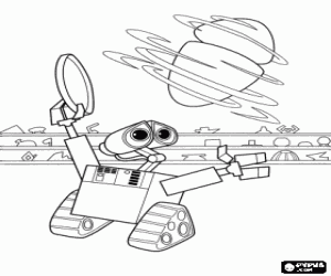 desenho de Wall-E com Eve virando sobre ela mesma para colorir