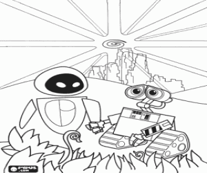 desenho de Wall-E e Eve felices, de m�os dadas, sob um sol radiante  para colorir