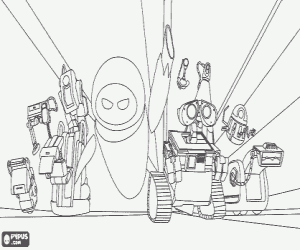 desenho de Wall-E, Eve e os seus amigos para colorir