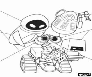 desenho de WALL-E, EVE, PR-T e M-O em o Axiom com a planta nascida em uma bota para colorir