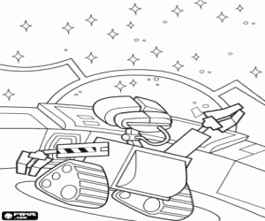 desenho de Wall-E na frente dos controles do Axiom com a imensid�o do espa�o adiante dos seus olhos para colorir