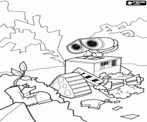 desenho de Wall-E nos seus trabalhos de limpeza da Terra descobre uma planta em uma bota para colorir