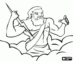 desenho de Zeus, o deus grego do c�u e os trov�es e rei dos deuses ol�mpicos, entre as nuvens com um rel�mpago na m�o para colorir
