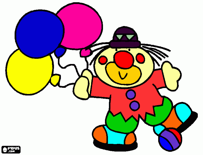 3 baloes um amarelo outro azul e outro rosa, chapeu roxo com 2 triangulos azuis claros, pele clara,sapatos azuis e laranjas,fato rosa e verde, um nariz e bochechas vermelhas,2 botoes lilazes e uma bola às riscas azuis, lilazes e vermelhas para colorir e imprimir