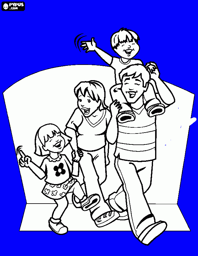  A familia dando um passeio.Pai,mãe, filha e filho para colorir e imprimir