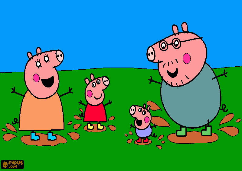 a familia porco brincando com as poças de lama... para colorir e imprimir