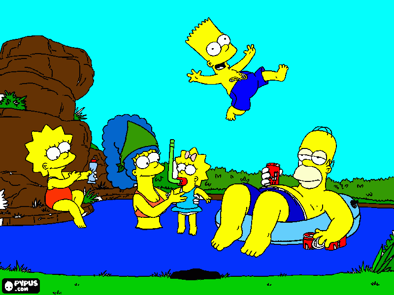 a familia simpsons nadando no lago para colorir e imprimir