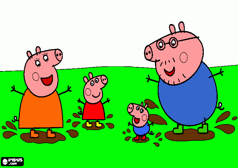 A Família Porco Brincando Com As Poças De Lama para colorir e imprimir