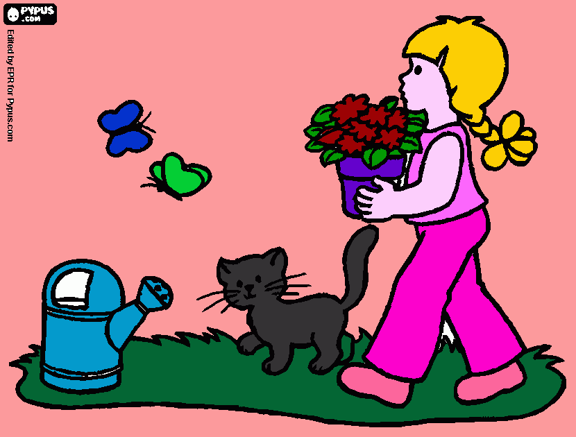 A menina no jardim com o gato dela e as plantas para colorir e imprimir