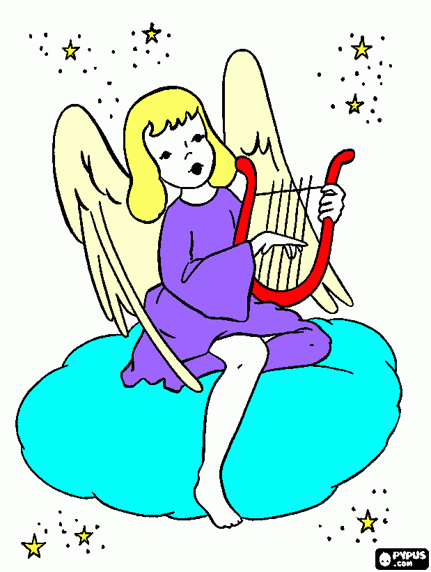 A menina tem assa ,com um instrumento musical e com muitas estrelas. para colorir e imprimir