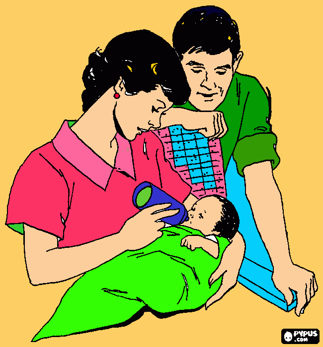 a mão dando a mamadeira para o bebe e o pai olhando para colorir e imprimir