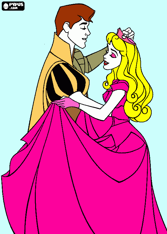 a princesa aurora dançando com seu amado principe filipe para colorir e imprimir
