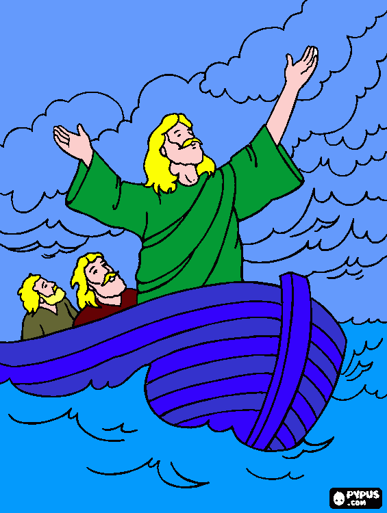 Acalmar a tempestade, um dos milagres de jesus nos evangelhos, jesus e seus dicpulos em um barco cruzando o mar de Gellilee para colorir e imprimir