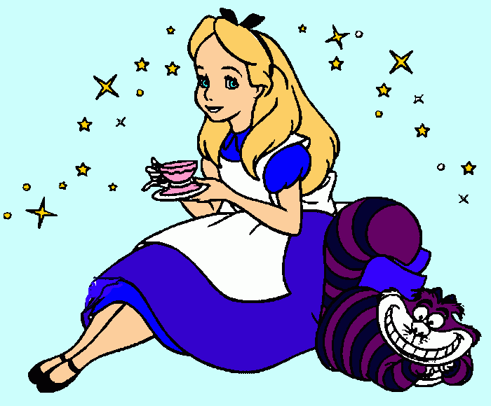 alice com uma xicara de cha e o gato magico ao seu lado para colorir e imprimir