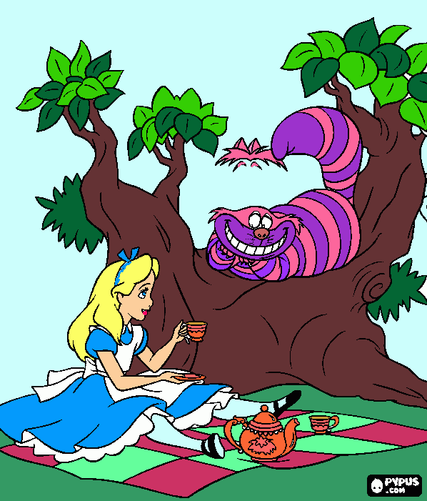 alice e gato cha para colorir e imprimir