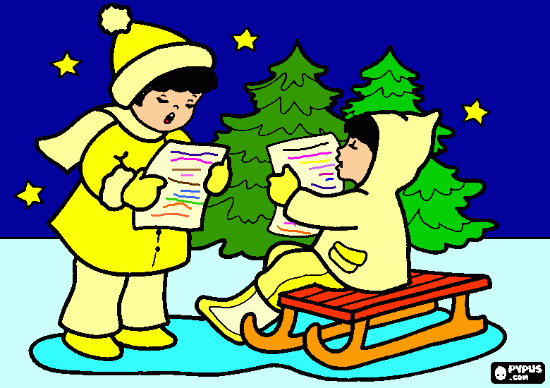 alunos da escola mundial cantando música natalina... para colorir e imprimir