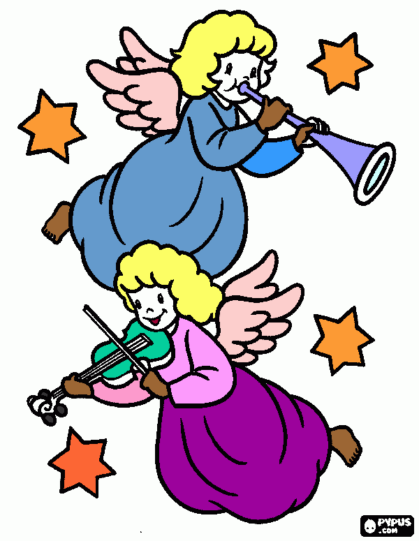 anjos musicos tocando seus instrumentos,violino e um tronpete para colorir e imprimir
