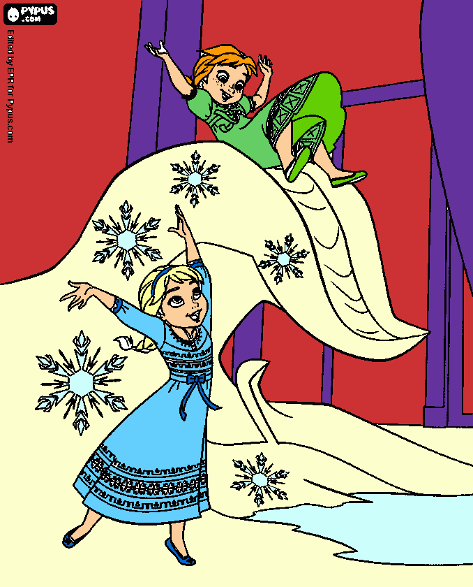Anna e Elsa brincando na neve para colorir e imprimir