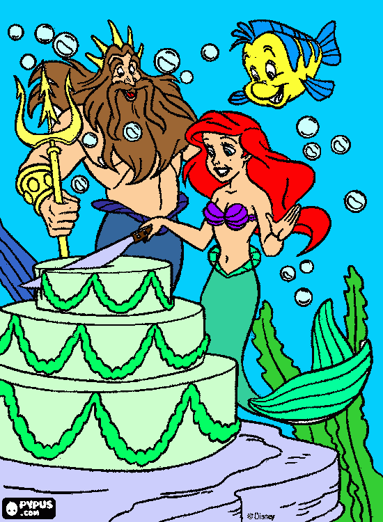 ariel cortando o bolo de aniversario junto com o pai para colorir e imprimir