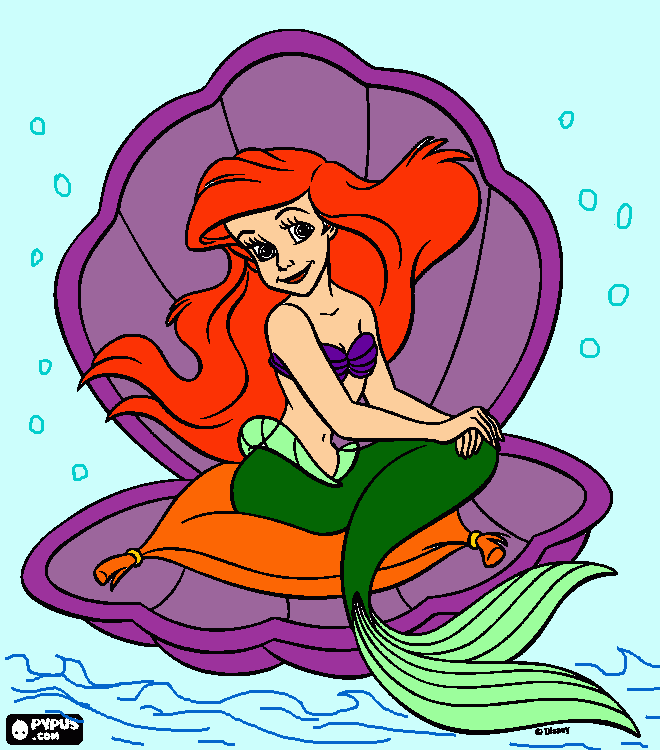 Ariel sentada na concha para colorir e imprimir