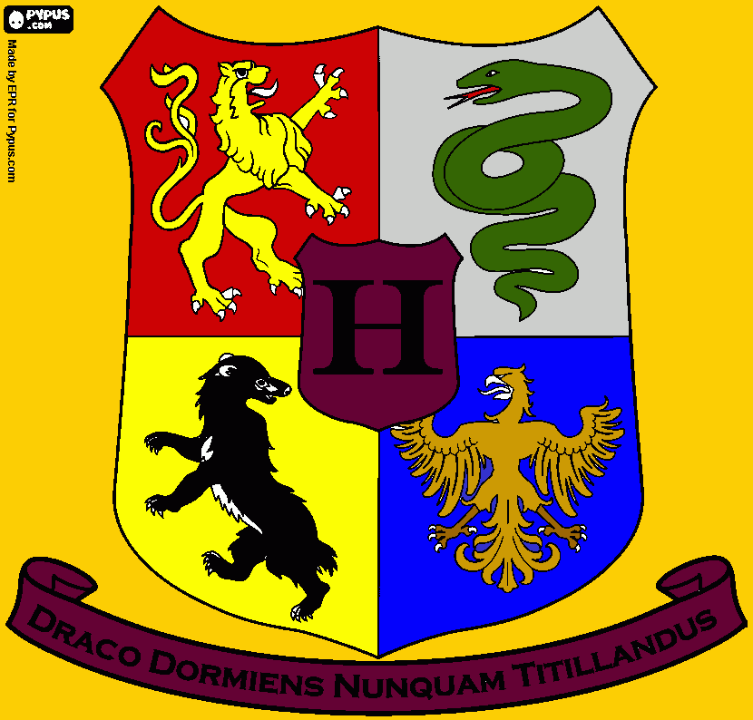 As casas da escola de magia e bruxaria de hogworts Grifinoria, Sonserina, Lufa-lufa e Corvinal. para colorir e imprimir