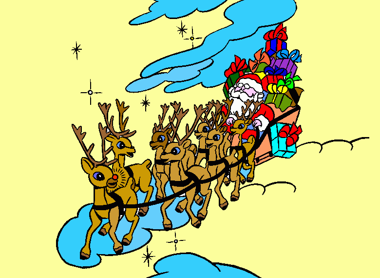 As renas mágicas puxando o trenó do Papai Noel na noite de Natal para colorir e imprimir