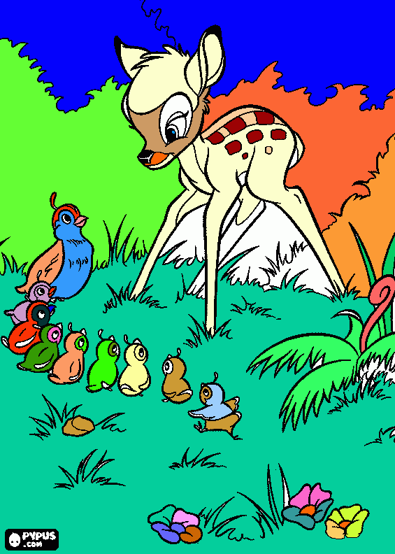 bambi asistino a passagem de uma codorna americana com seus filhotes para colorir e imprimir
