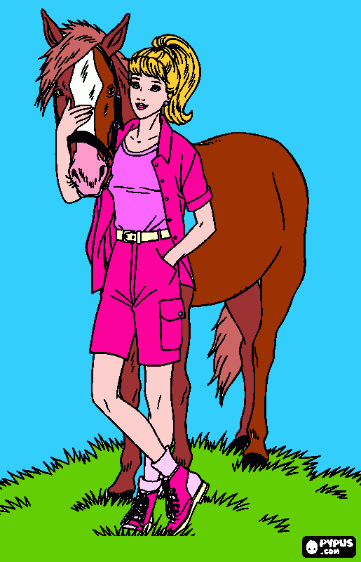 Barbie com lindo cavalo alazão para colorir e imprimir