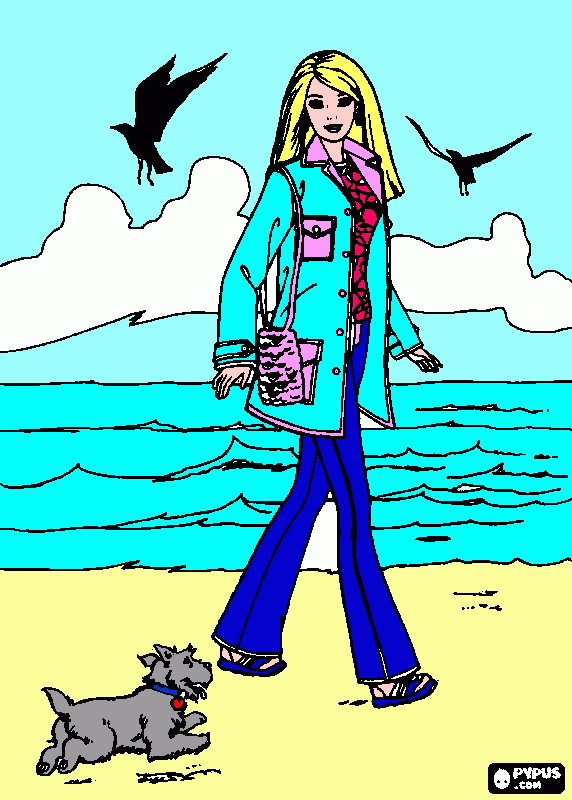 barbie na praia com seu cachorro para colorir e imprimir