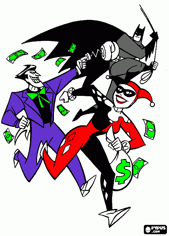 batman perserquindo seus inimigos coringa e harley quinn para colorir e imprimir