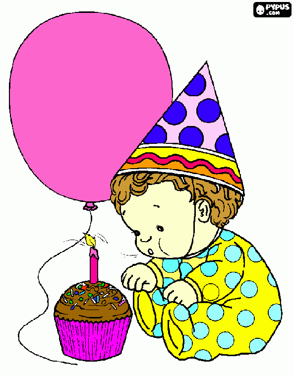 bebe e bolo de um ano para colorir e imprimir