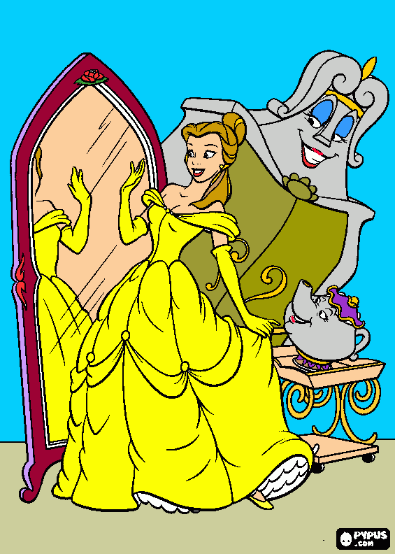 Bela com o seu belo vestido e olhando sob o .... para colorir e imprimir