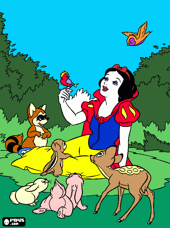BRANCA DE NEVE NA FLORESTA para colorir e imprimir
