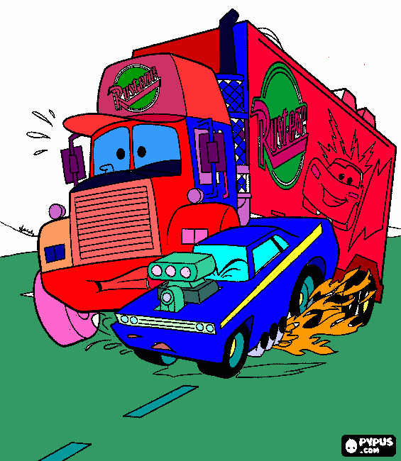 caminhão da pixar pintado em vermelho numa corrida com outro carro para colorir e imprimir