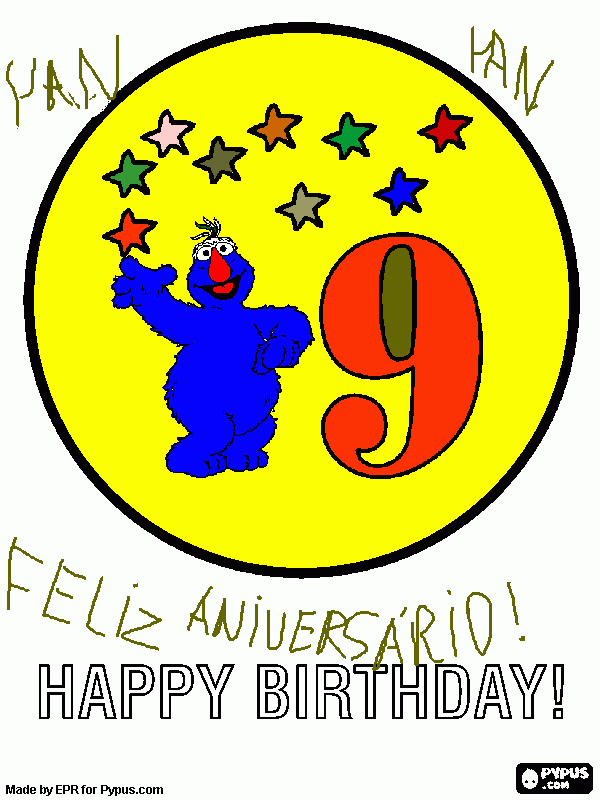 cartão para 9 anos de idade/9 estrelas e Telly da Rua Sésamo para colorir e imprimir