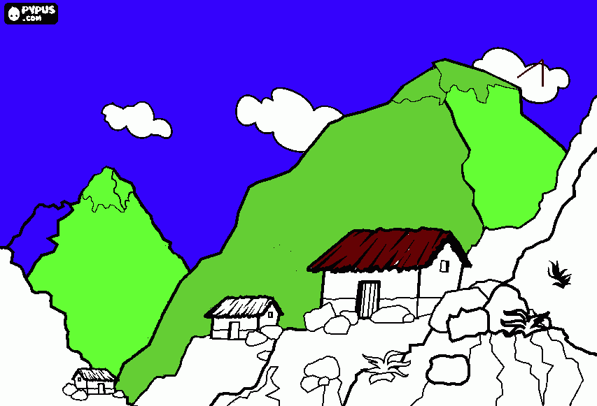 casa  com  montanhas   e  nuvens para colorir e imprimir