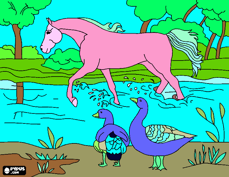 cavalo trotando sodre o rio sob o olhar dois pássaros para colorir e imprimir