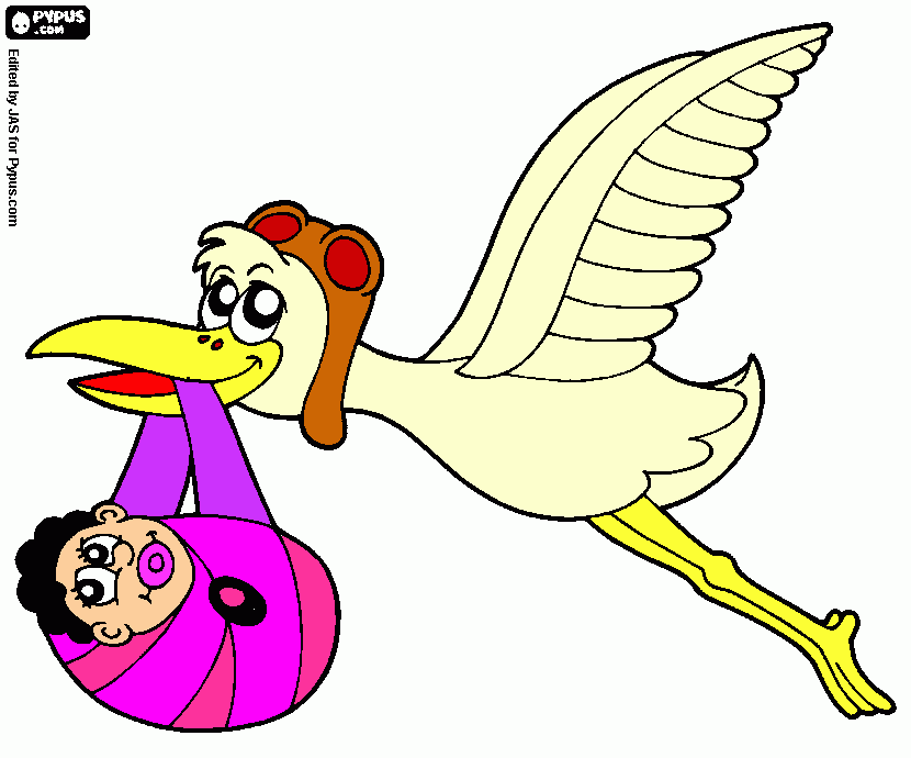 cegonha entregando  o bebe aos seus futuros pais. para colorir e imprimir