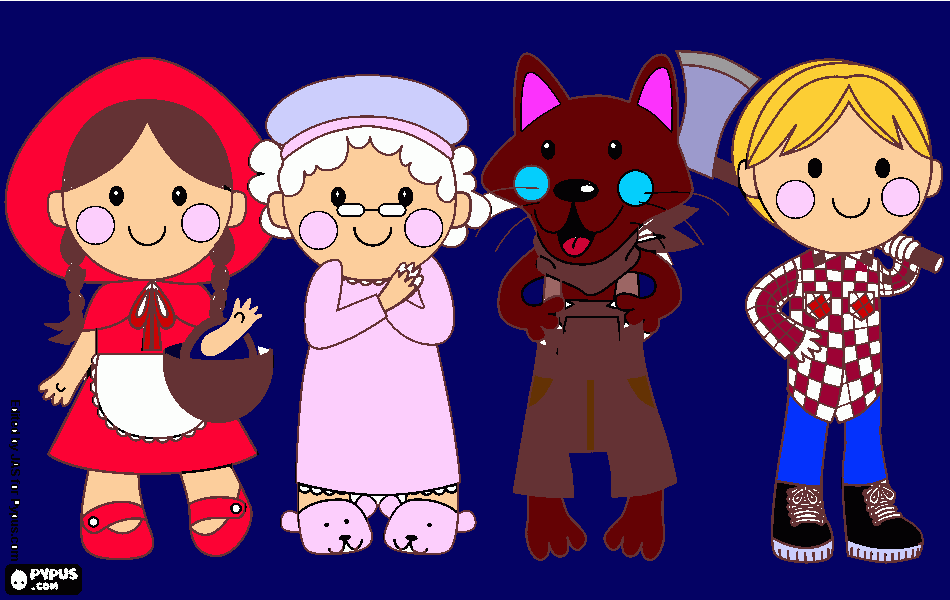 chapeuzinho, os quatro personagems principais para colorir e imprimir