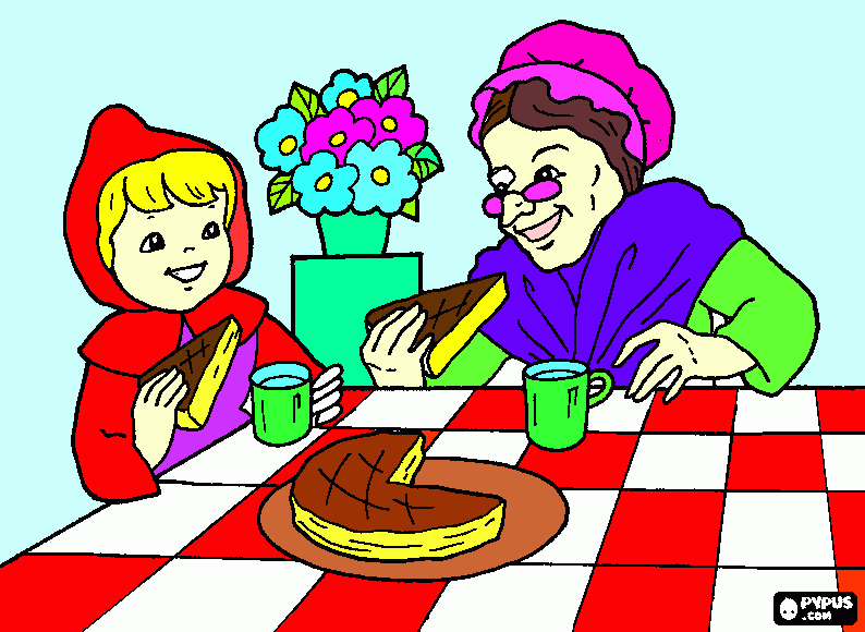chapeuzinho vermelho e sua avo comendo para colorir e imprimir