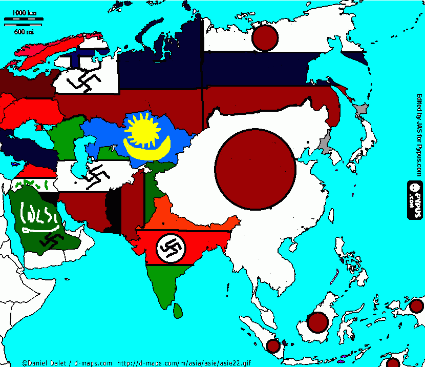 como a Asia seria controlada pelo Japão e pela Alemanha Nazista nos dias de hoje. para colorir e imprimir