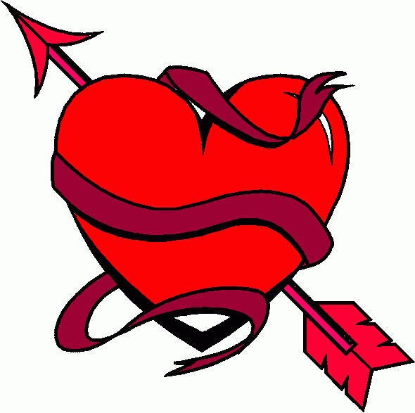 coração vermelho, laços roxos e setas cor-de-rosa e vermelho virado para o castanho. para colorir e imprimir