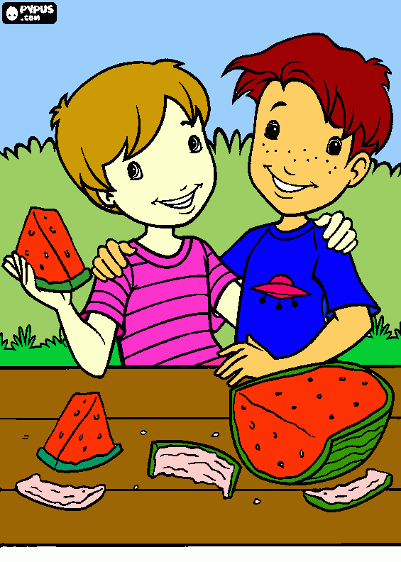 criança comendo melancia colorido para colorir e imprimir