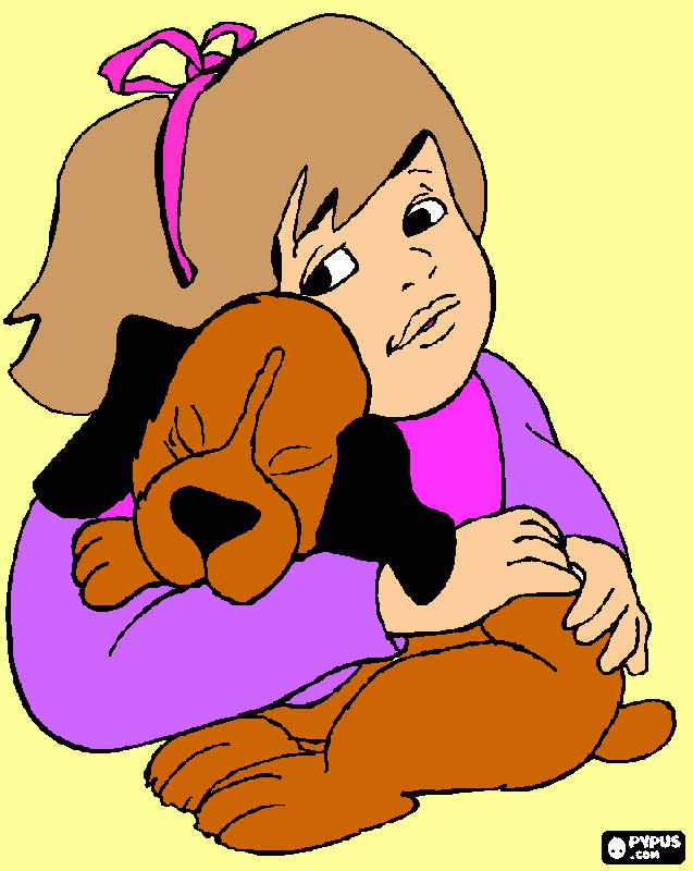 criança dando carinho para o cão para colorir e imprimir