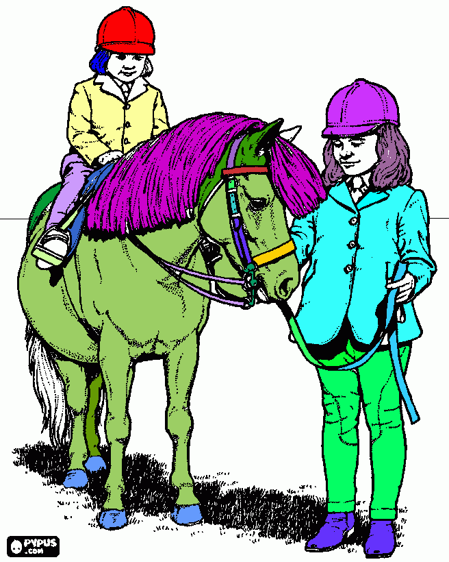 crianças e o cavalo para colorir e imprimir