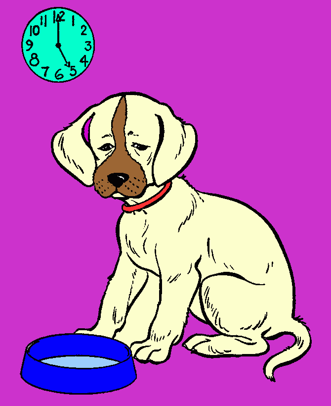 cão bege com uma mancha marrom a ,panela de comida azul e o fundo roxo para colorir e imprimir