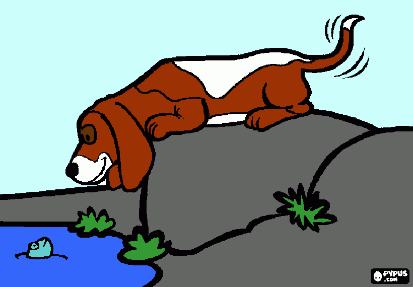 Cão de caça Basset Hound assistindo a um peixe no lago para colorir e imprimir